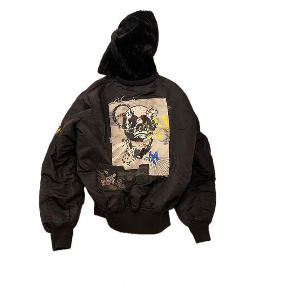 Custom Streetwear Skull Hooded Bomber Jacket Mens XL - Picture 2 of 3
